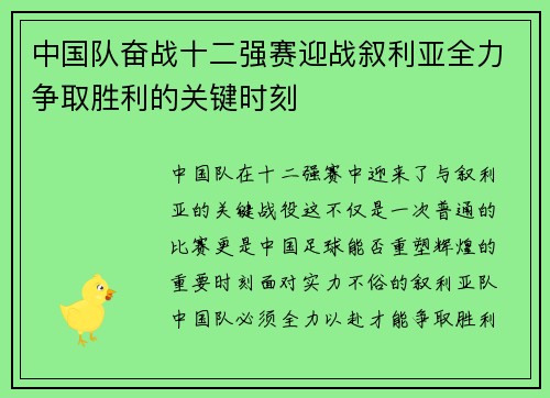 中国队奋战十二强赛迎战叙利亚全力争取胜利的关键时刻